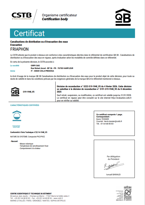 Certificat QB 08 -GIRPI SAS- FRIAPHON - ZOLA PREDOSA